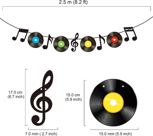 Vista 2 de Notas musicales y discos de vinilo preencordados para fiestas, notas musicales, banderines de papel de cumpleaños, decoraciones de fiesta, carteles