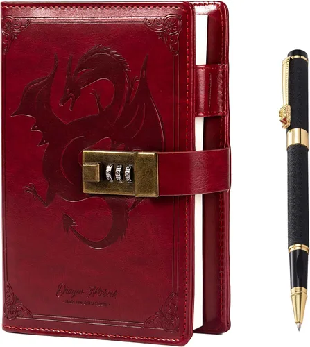 Vista 18 de TIEFOSSI Diario de Cuero Dragón, Cuaderno de Tapa Dura, Diario Recargable con Cerradura, Cuadernos de Escritura con Papel Rayado/En Blanco