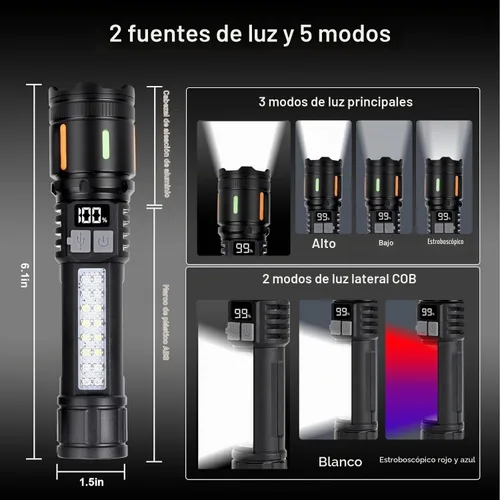 Vista 3 de Linterna recargable de lúmenes altos 900,000L, linternas LED portátiles súper brillantes, 5 modos, luz táctica potente con luz lateral Cob, USB C
