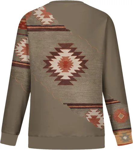 Vista 5 de Sudadera de manga larga con cuello redondo para mujer, casual, holgada, con estampado azteca occidental, camiseta tipo túnica de moda de otoño