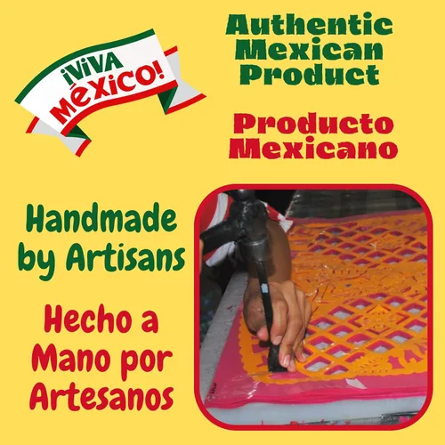 Vista 4 de Paquete de 2 pancartas de papel picado metálico de 16 pies, decoraciones mexicanas auténticas artesanales, hechas a mano, papel picado, Navidad