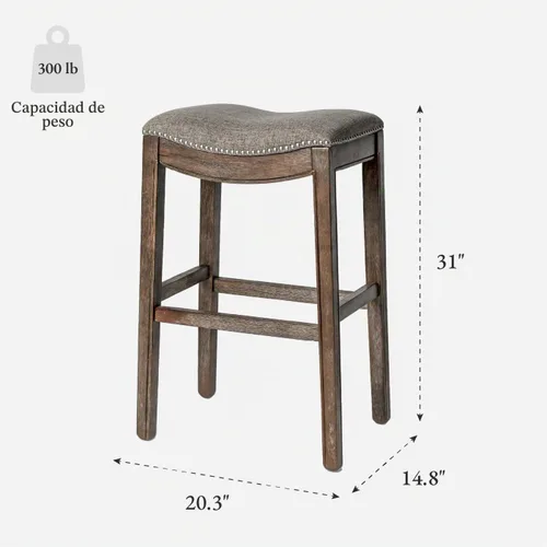 Vista 3 de Maven Lane Adrien Taburete de bar sin espalda, juego de 2, asiento de silla de montar de 31 pulgadas con reposapiés, marco de madera maciza marrón