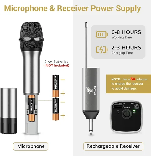 Vista 6 de TONOR Micrófonos inalámbricos, sistema de micrófono dinámico de metal inalámbrico dual UHF con receptor recargable, para canto de karaoke, boda, DJ