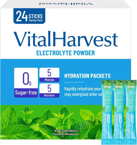 Vista 9 de VitalHarvest 24 Sobres de Polvo de Electrolitos Sin Azúcar Paquetes de Hidratación Mezcla de Bebida IV Diaria Líquida para Hidratación Rápida, Bajo
