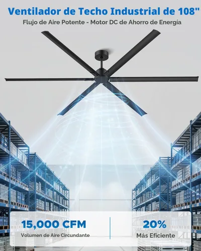 Vista 2 de Ventilador de techo industrial de 108 pulgadas, ventilador de techo comercial grande con 6 aspas de aluminio, ventilador HVLS para taller, garaje