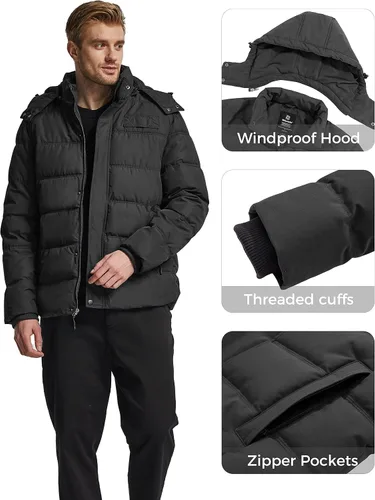 Vista 6 de Wantdo Abrigo de invierno con capucha para hombre, chaqueta acolchada cálida, abrigo de algodón grueso con capucha extraíble