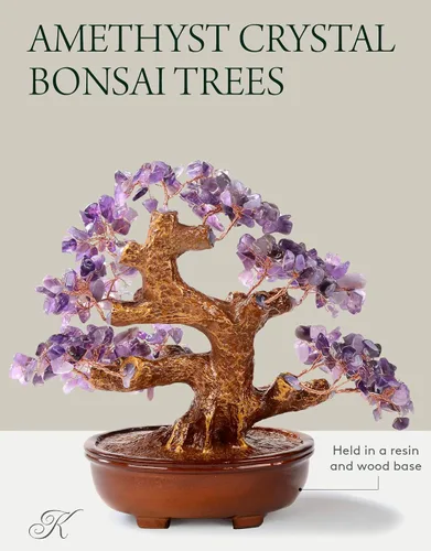 Vista 4 de KALIFANO Amatista natural (360 piedras preciosas) Árbol de cristal de chakras – Bonsái Feng Shui árbol de dinero para energía positiva, suerte