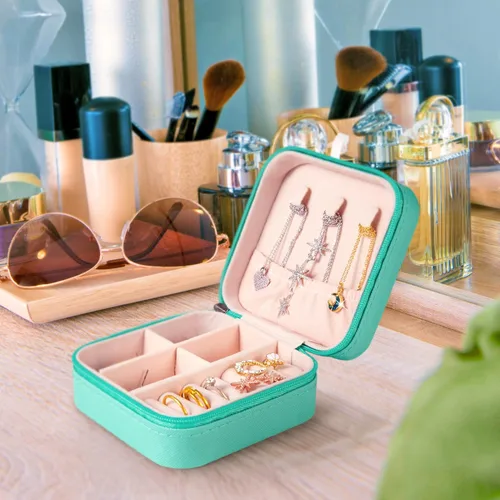 Vista 8 de AONEY - Estuche de joyería de poliuretano, pequeño organizador de joyas de viaje, caja de joyería portátil, mini almacenamiento de joyas