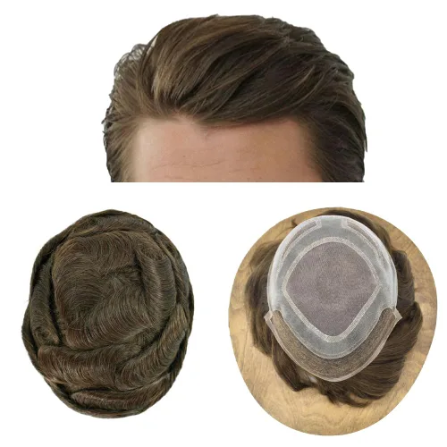Vista 14 de Sistema de reemplazo de cabello humano para hombre, sistema de cabello fino mono para hombre, pelo de tupé recubierto de poliuretano para hombres