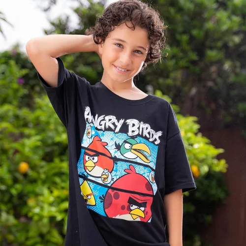 Vista 3 de ANGRY BIRDS Camiseta oficial de manga corta con estampado de tres paneles de cómic, 100% algodón, para niños, niñas, unisex