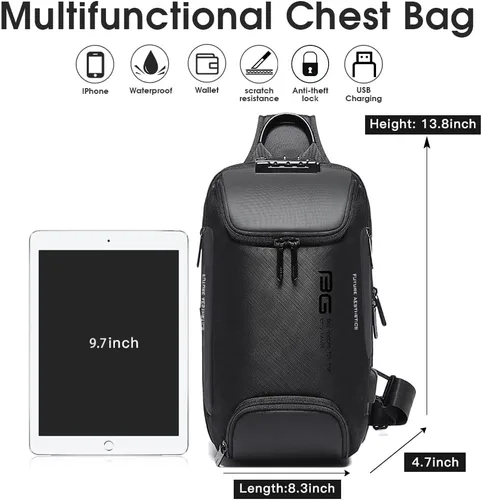 Vista 5 de BANGE Bolso bandolera impermeable para hombre, bolso de hombro bandolera para hombre, Black Upgrade Anti-robo, M, Viajar