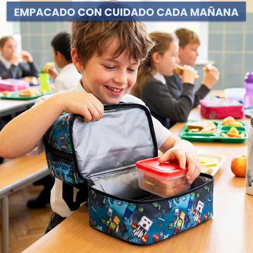 Vista 6 de Get Trend Minecraft - Lonchera reutilizable con aislamiento para niños, bolsa ligera con doble compartimento con asa, se adapta a la lonchera Azul