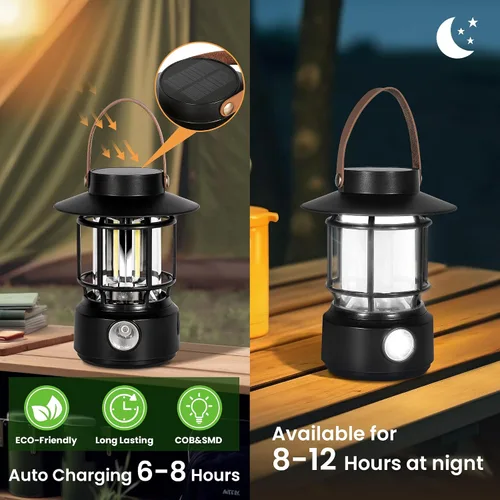 Vista 5 de Paquete de 2 faroles LED para campamento, 1000 lúmenes, linterna solar recargable con linternas laterales para emergencias, IPX5, impermeables