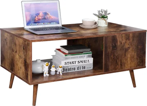 Vista 11 de ZenStyle Mesa de centro moderna de mediados de siglo, mesa de centro retro de madera con estante de almacenamiento abierto para sala de estar Negro
