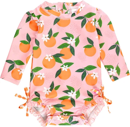 Vista 43 de RuffleButts - Traje de baño de una pieza con protección solar UPF 50+, camiseta de protección floral estampado, manga larga, con cierre zipper