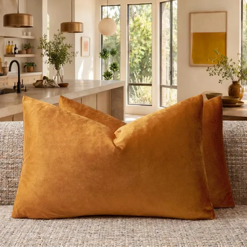 Vista 129 de GIGIZAZA Juego de 2 fundas de almohada doradas de terciopelo de 20 x 20 pulgadas para sofá Almohadas para sofá, tela texturizada suave de 9.88