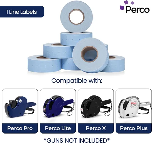 Vista 2 de Etiquetas azules Perco de 1 línea - 8 rollos, 1 funda, 8,000 etiquetas en blanco para pistolas de precio y fecha de 1 línea Perco - Fabricadas