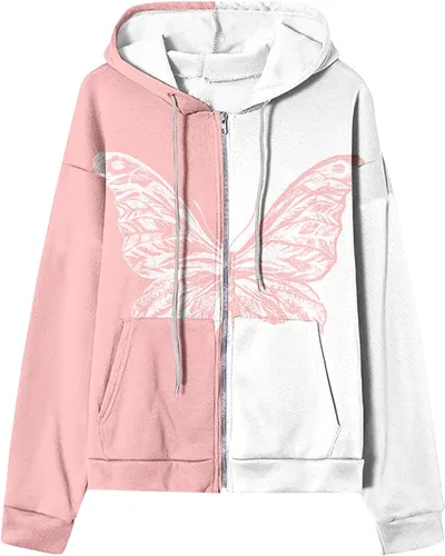Vista 4 de Blczomt Sudaderas de forro polar para mujer, con cremallera, con estampado de mariposas, de gran tamaño, con cordón, casual, de manga larga