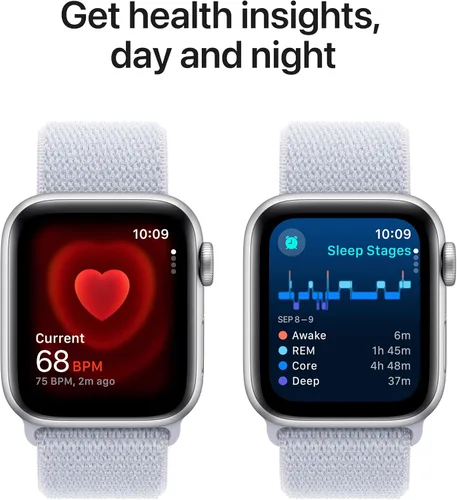Vista 4 de Apple Watch SE (2.ª generación) [GPS 1.575 in] Smartwatch con caja de aluminio plateado con bucle deportivo azul invierno. Monitor de fitness