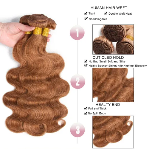 Vista 3 de Color 30 paquetes de cabello humano marrón onda del cuerpo paquetes 8 10 12 pulgadas brasileño virgen Remy extensiones de cabello humano doble trama