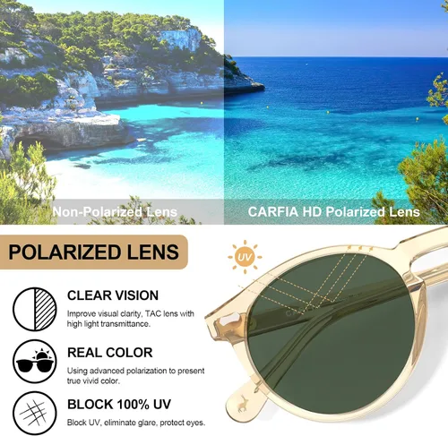 Vista 81 de CARFIA Gafas de sol polarizadas de acetato redondo para mujer, protección UV de cara pequeña con funda de cuero CA5288