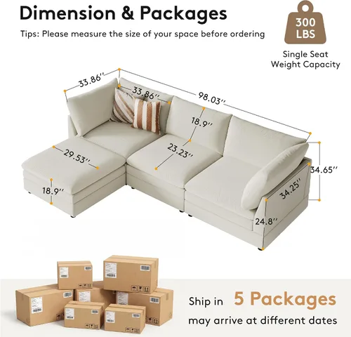 Vista 2 de VANOMi Sofá modular modular en forma de L de 98 pulgadas con otomana Beige