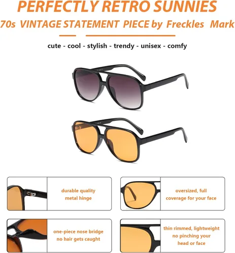 Vista 5 de Lentes de sol vintage retro de los años 70 para mujer y hombre, montura clásica, cuadrada y grande estilo aviador, lentes naranjas de moda UV400