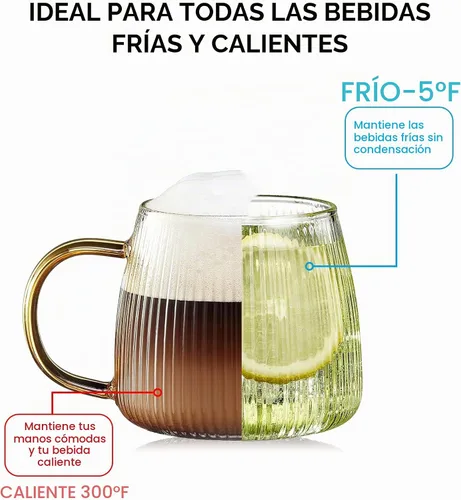 Vista 3 de Juego de 2 tazas de café de cristal únicas de alta calidad con elegante patrón de rayas verticales, mango amarillo claro (transparente)