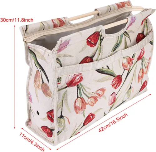 Vista 5 de Bolsa de tejer, bolsa de almacenamiento de hilo plegable de ganchillo con mango de madera con cremallera para ganchos de ganchillo, accesorios