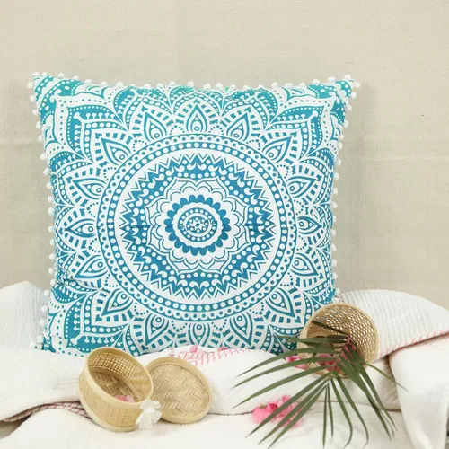 Vista 4 de Funda de cojín de piso de algodón. 26 pulgadas, con encaje de borlas decorativo y diseño de mandala.