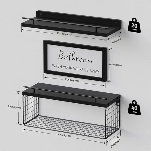 Vista 3 de WOPITUES Estantes Flotantes para Letrero de Decoración de Pared, Organizadores y Almacenamiento de Baño, Estantes de Baño Sobre el Inodoro con Negro