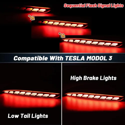 Vista 3 de Reflector de parachoques de niebla trasero con lente roja, luz trasera de freno intermitente secuencial, luces de señal 3 en 1, compatible con Tesla