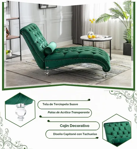 Vista 4 de Tumbona de terciopelo con almohada, moderna silla de descanso con botones copetudos con patas acrílicas, silla tapizada para interiores para sala
