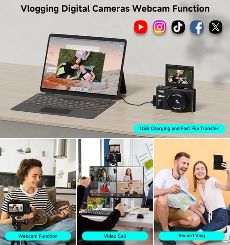 Vista 6 de Cámara digital, cámara de viaje UHD 5K de 80MP, cámaras compactas con zoom 18X, cámara de vlogging para YouTube con pantalla abatible de 3" 180°