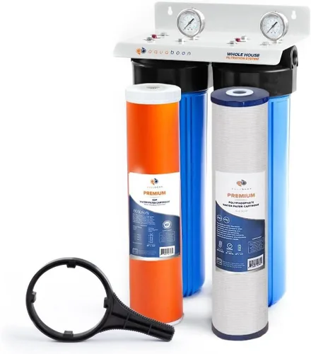 Vista 14 de Sistema de filtro de agua de 2 etapas de 20 x 4.5 pulgadas, viene con filtros de sedimentos y carbono Prefiltro, llave, calibre y liberación