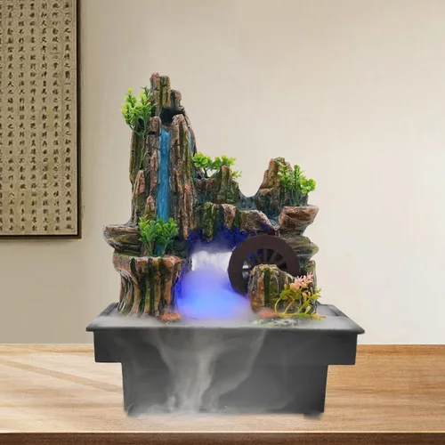 Vista 18 de Fuente de agua de mesa, mini fuente de cascada silenciosa con luces LED coloridas y atomizador, silenciosa rocalla de escritorio para relajación
