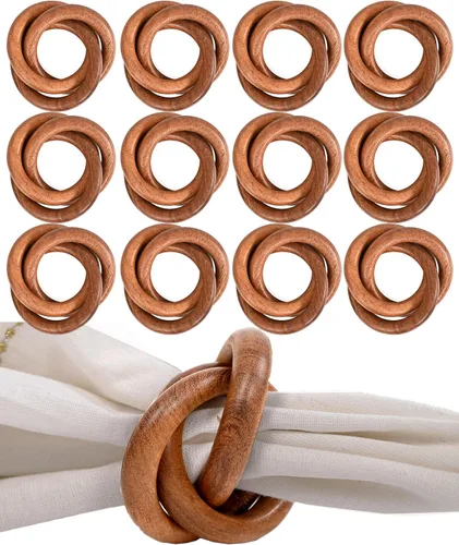 Vista 12 de Juego de 12 Servilleteros de Madera de Tres Anillos - Abrazaderas Portaservilletas para Decoración de Mesa de Comedor - Anillos Rústicos Modernos