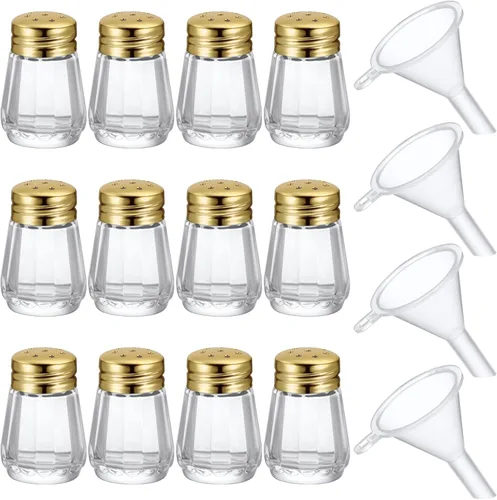 Vista 13 de Potchen 12 Piezas Mini Saleros y Pimenteros en Forma de Cubo a Granel 0.5 oz Pequeños Agitadores de Especias de Vidrio Cubo con Mini Embudos de Negro