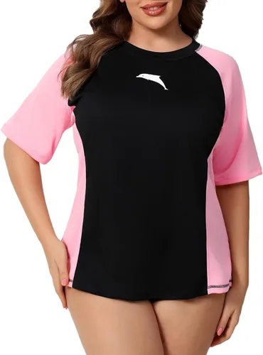 Vista 11 de Halcurt Women's Plus Size Rash Guard Swim Shirt with Built in Bra Swimsuit Todo negro