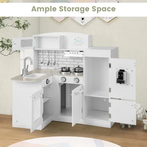 Vista 8 de Costzon Juego de cocina esquinera para niños, juego de cocina de madera 8 en 1 con microondas realista, horno, estufa, refrigerador, campana