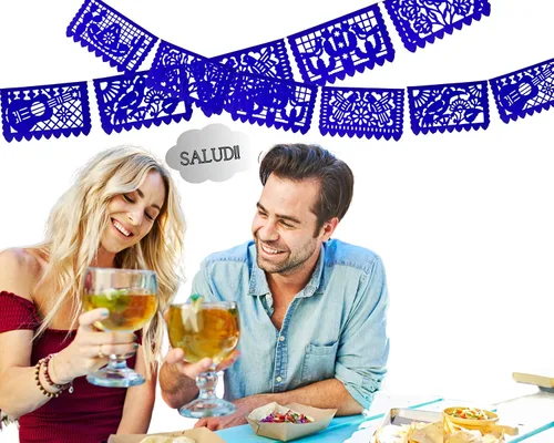 Vista 5 de Cartel de papel picado azul mediano, suministros de fiesta, banderas mexicanas azul rey, guirnaldas de papel perfectas para cumpleaños, despedida