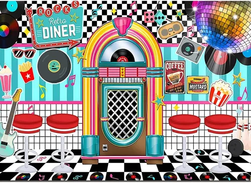 Vista 7 de Fondo de fiesta retro de los años 50 de 7 x 5 pies, decoración de Rock and Roll Sock Hop de los años 50, fondo de fotografía, accesorios para cabina