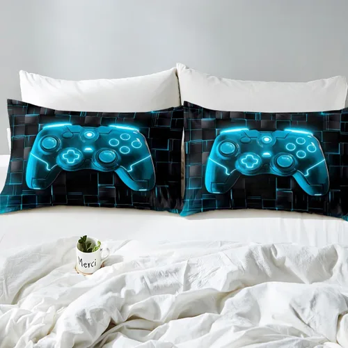 Vista 4 de Juego de funda de edredón con diseño de videojuegos para niños, tamaño individual, negro y azul a cuadros, juego de ropa de cama moderna