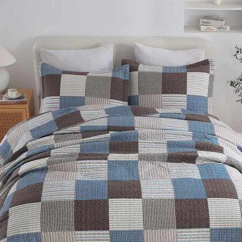 Vista 5 de Finlonte Edredones Tamaño Queen - Juego de Edredón Queen de Algodón 100% a Cuadros, Juego de Ropa de Cama de Granja Moderna, Colcha Reversible