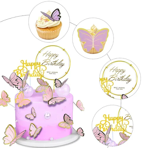 Vista 4 de 60 decoraciones de mariposa para cupcakes de oro rosa con 2 decoraciones