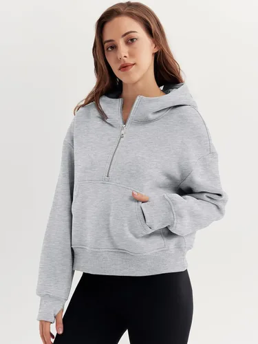Vista 2 de Trendy Queen Sudaderas con capucha para mujer, con cremallera de un cuarto, sudaderas de gran tamaño, media cremallera con bolsillos, ropa de otoño