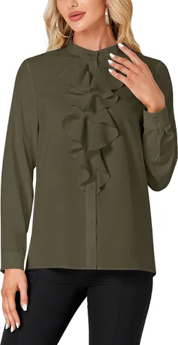 Vista 2 de LYANER - Blusa de cuello alto con botones, volantes en el frente, manga larga, camisa de trabajo para mujer