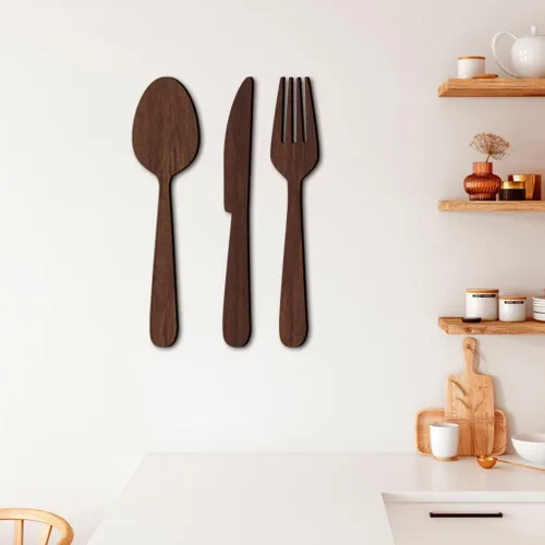 Vista 2 de DOITOOL 1 juego de utensilios de cocina de madera rústica para decoración de pared, con encantador, tenedor, cuchara y cuchillo, decoración