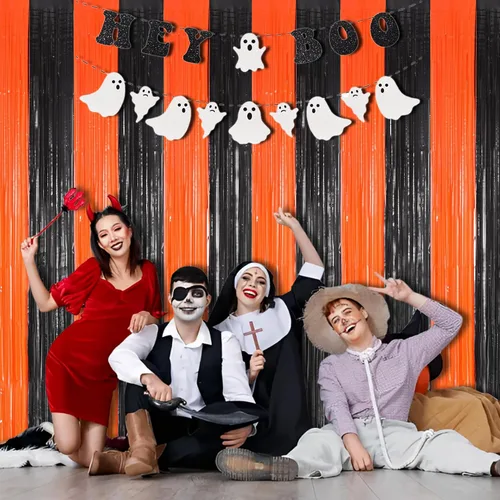 Vista 2 de BRAVESHINE - Cortinas de flecos de papel de aluminio para fiestas, decoración de Halloween Negro naranja