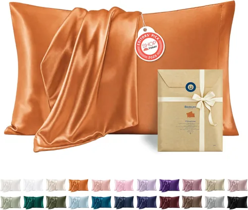 Vista 22 de Bedsure Paquete de 2 fundas de almohada de satén similares a las fundas de almohada de seda tamaño estándar, funda de almohada para mujeres que